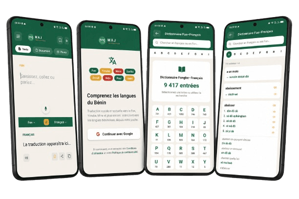 Captures d'écran de MAJ Traduction : accueil, connexion, dictionnaire Fon–Français et recherche